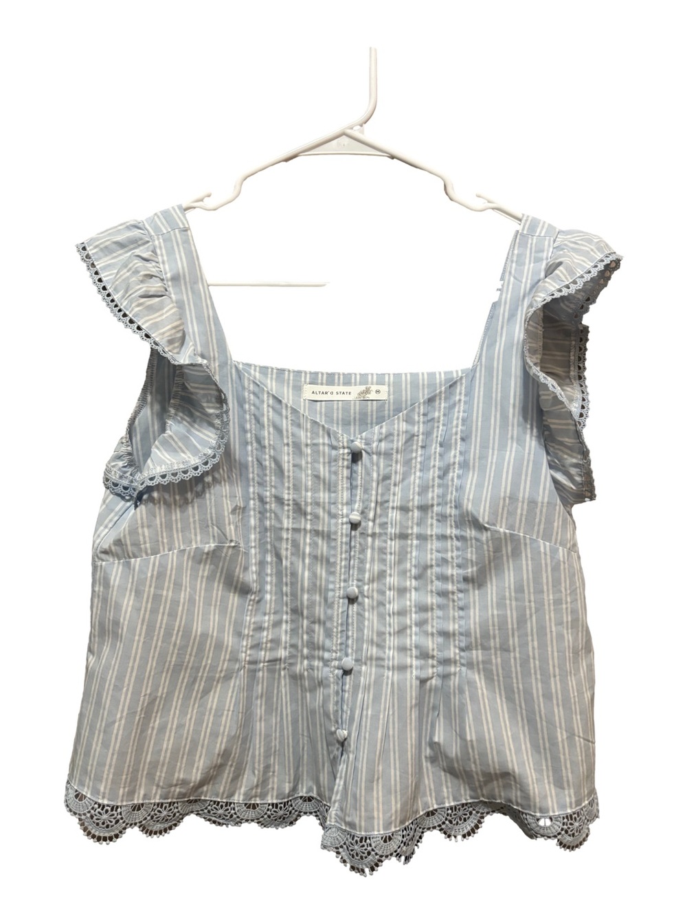 Altar'd State Light Blue & White Striped Ruffle Sleeve Button Top - Picture 1 of 2